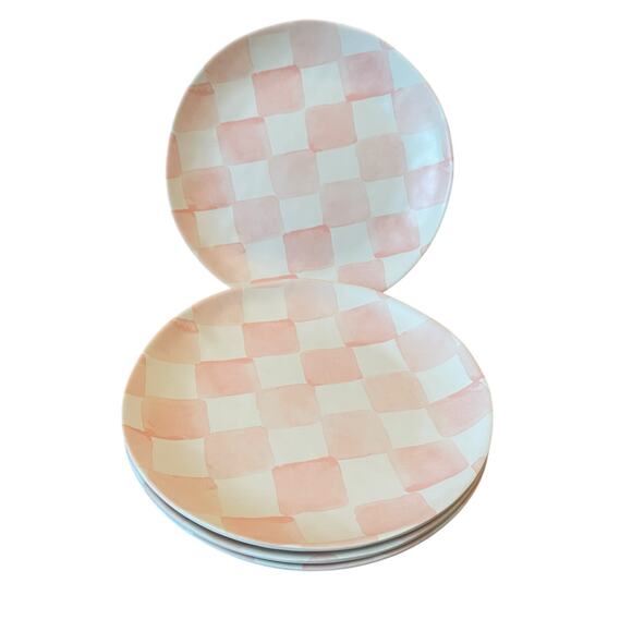 Pastel Pink & White Checkered Melamine Dinner Plates 11in Set of 4 Posh NEW - Picture 1 of 10